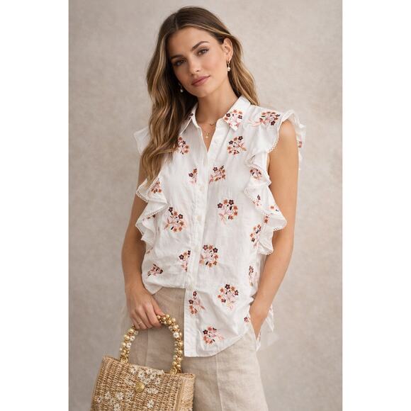 Pearl by Lela Rose Tops - Pearl by Lela Rose Embroidered Floral Ruffle Trim Button-Up Shirt White Small